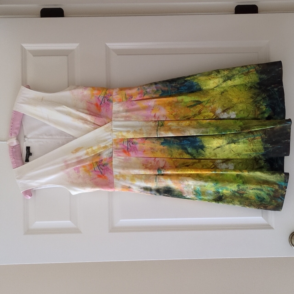 Lafayette 148 New York dress deep V fit and flare cotton watercolor 4 Summer
